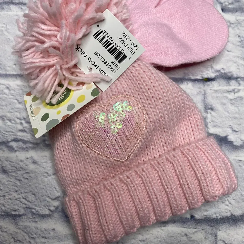 Little Me Sequin Heart Pom Pom Hat and Mitten Set in Pink